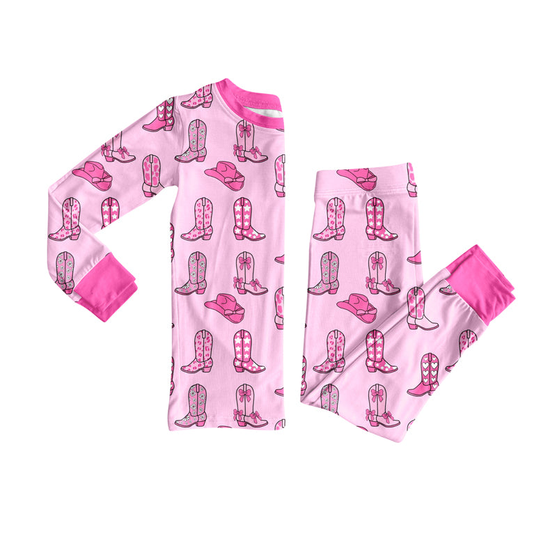 Preorder (moq 5)Baby Girls Pink Hats Floral Boots Top Pants Western Pajamas Sets