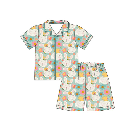 Preorder (moq 5)Baby Girls Rabbits Flowers Button Top Shorts Easter Pajamas Sets