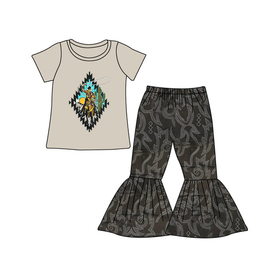 Preorder (moq 5)Baby Girls Western Rodeo Shirt Black Bell Pants Clothes Sets