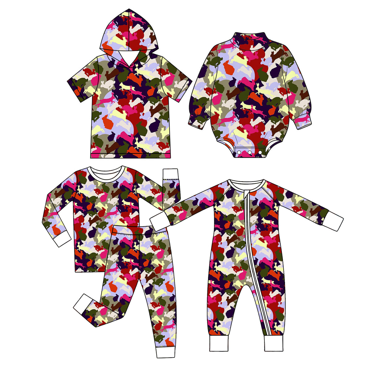 Preorder (moq 5) Baby Boy Clothes Easter Multi Color Camo Bunny Silhouette Mixed Print Short Sleeve Hooded Tee