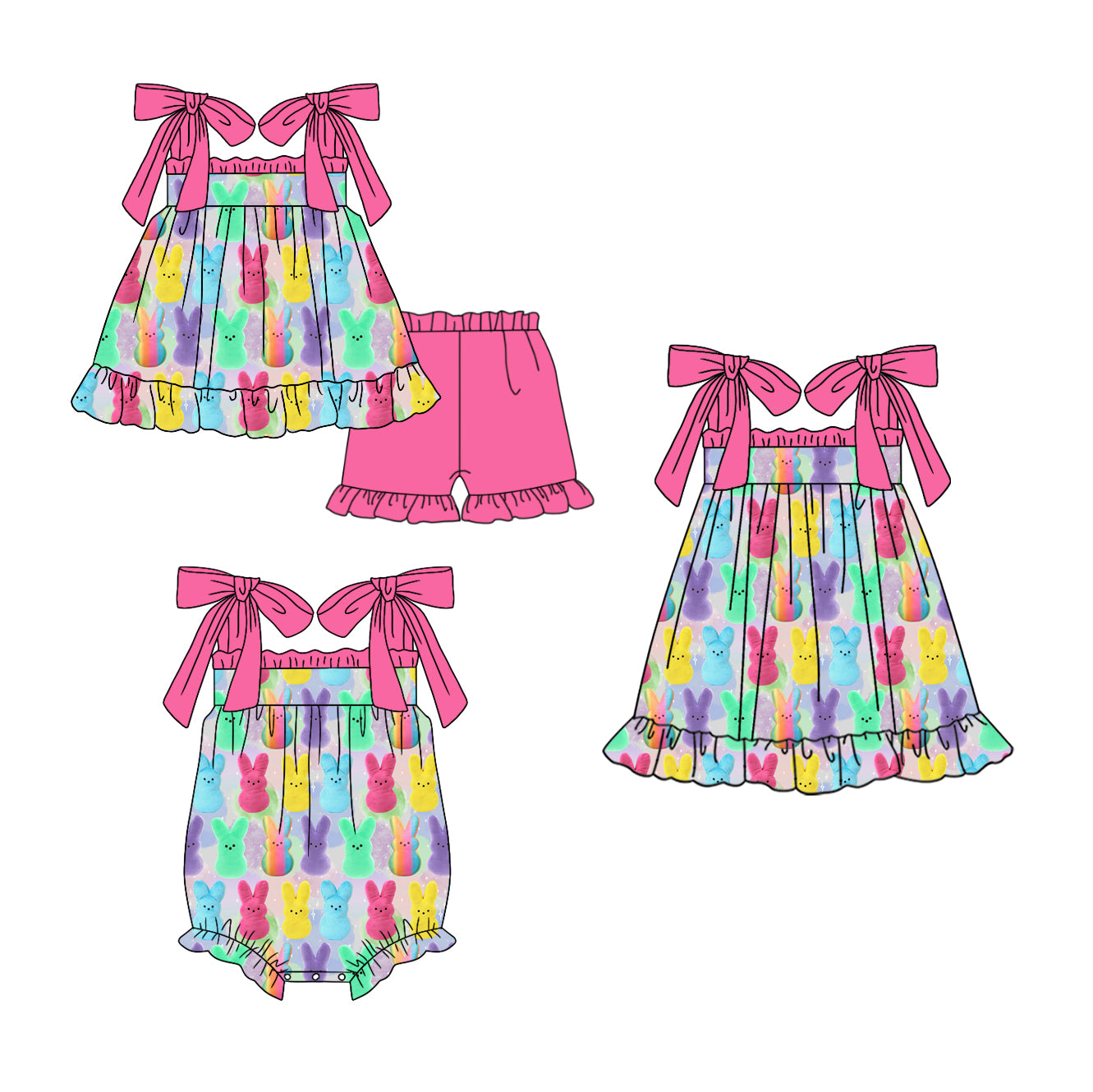 Preorder(moq 5 each)Sibling Baby Girls Colorful Rabbits Tie Romper Dress Shorts Sets