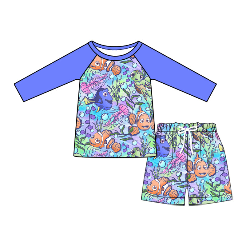 Preorder (moq 5)Baby Boys Cartoon Fish Long Sleeve Top Two Pieces Swimsuits