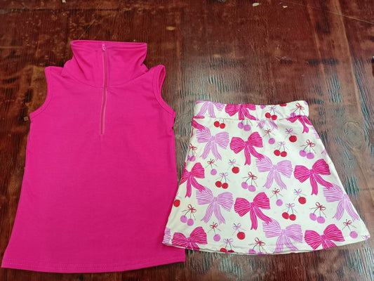 Preorder moq 5 Baby Girls Hot Pink Sleeveless Zipper Vest Top Bows Skirts Set