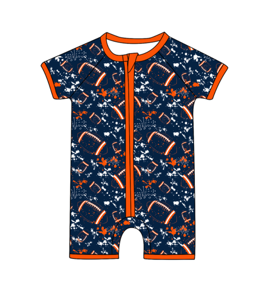 Preorder (moq 5)Baby Boys Short Sleeve Tie-dye Footballs Print Team Zip Rompers