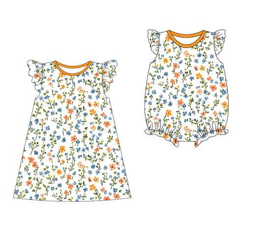 Preorder moq 5 Custom Baby Girls Flutter Sleeves Yellow Floral Knee Length Dresses Rompers