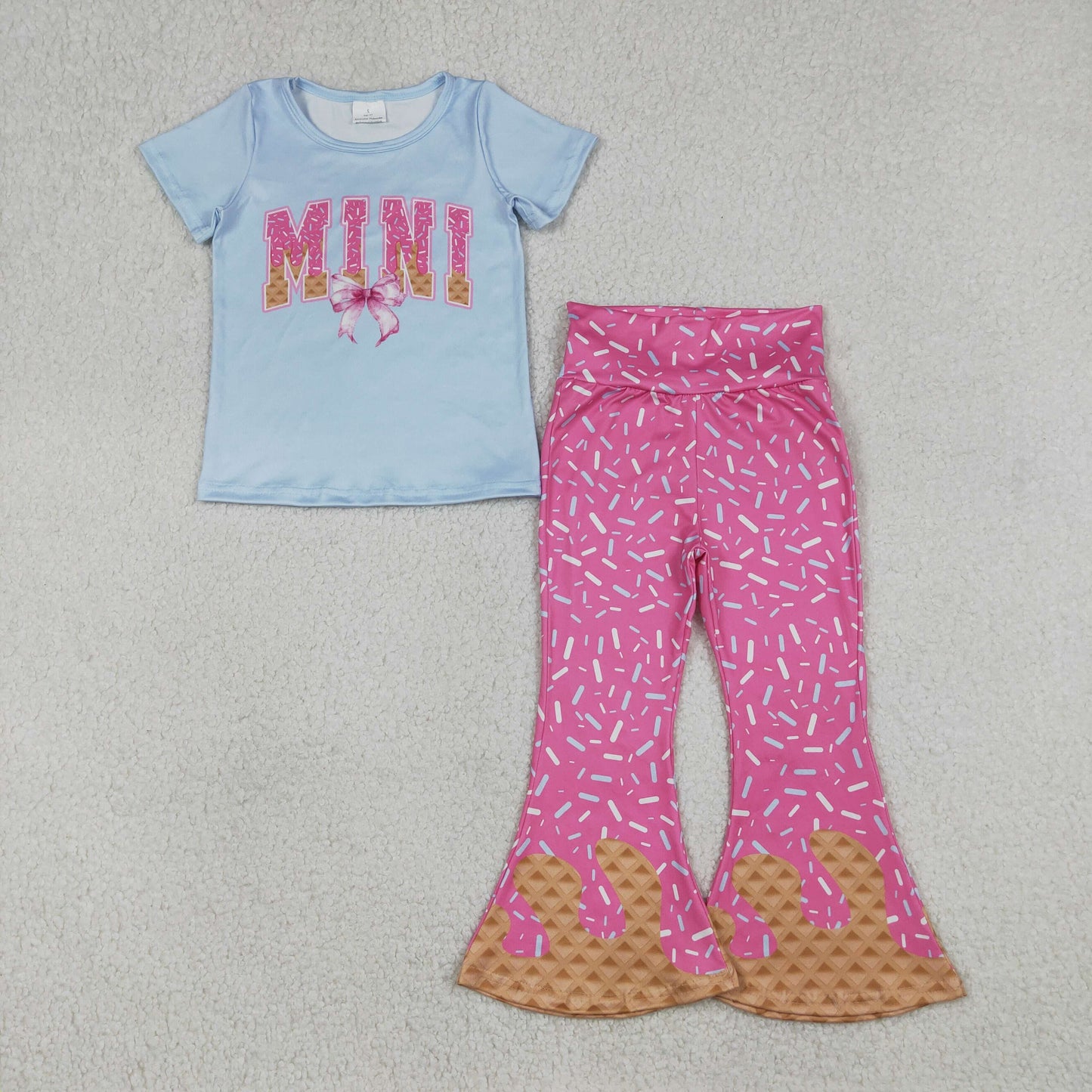 Baby Girls Sprinkle Drip Mini Bows Top Bell Bottom Pants Clothes Sets