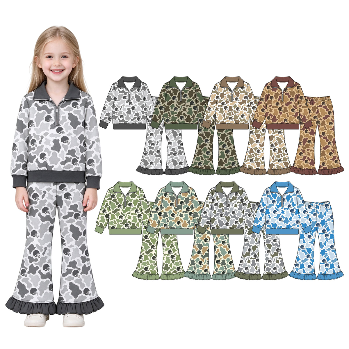 Preorder (moq 5) Baby Girl Clothes Brown Camo Football Helmet Print Long Sleeve Half Zip Top Ruffle Flare Pant Set