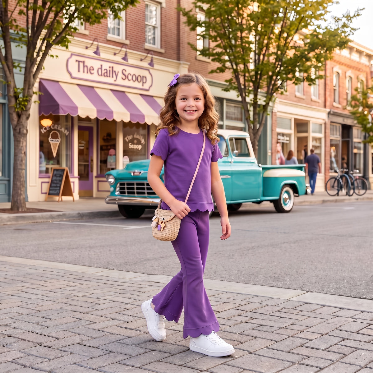 Baby Girls Purple Short Sleeve Shirts Top Flare Pant Scallop Clothes Sets