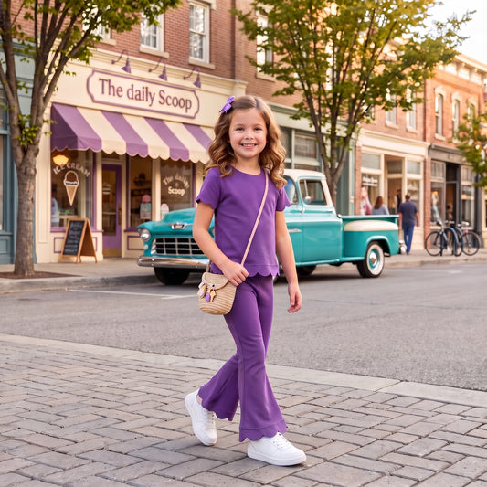 Baby Girls Purple Short Sleeve Shirts Top Flare Pant Scallop Clothes Sets