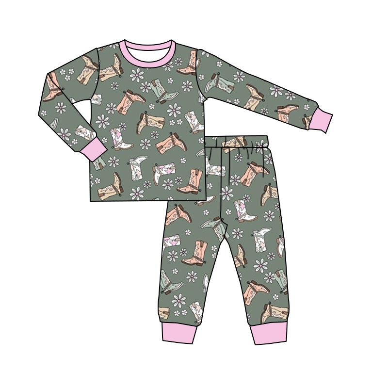 Baby Girls Western Boots Flowers Top Pants Pajamas Clothes Sets Preorder(moq 5)