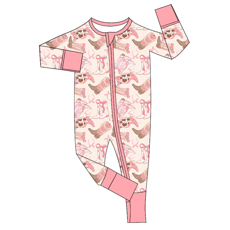 Baby Infant Girls Pink Bow Boots Western Zip Rompers preorder(moq 5)