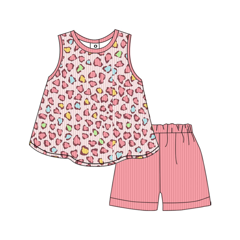 Preorder (moq 5)Baby Girls Summer Pink Leopard Ribbed Tunic Shorts Clothes Sets