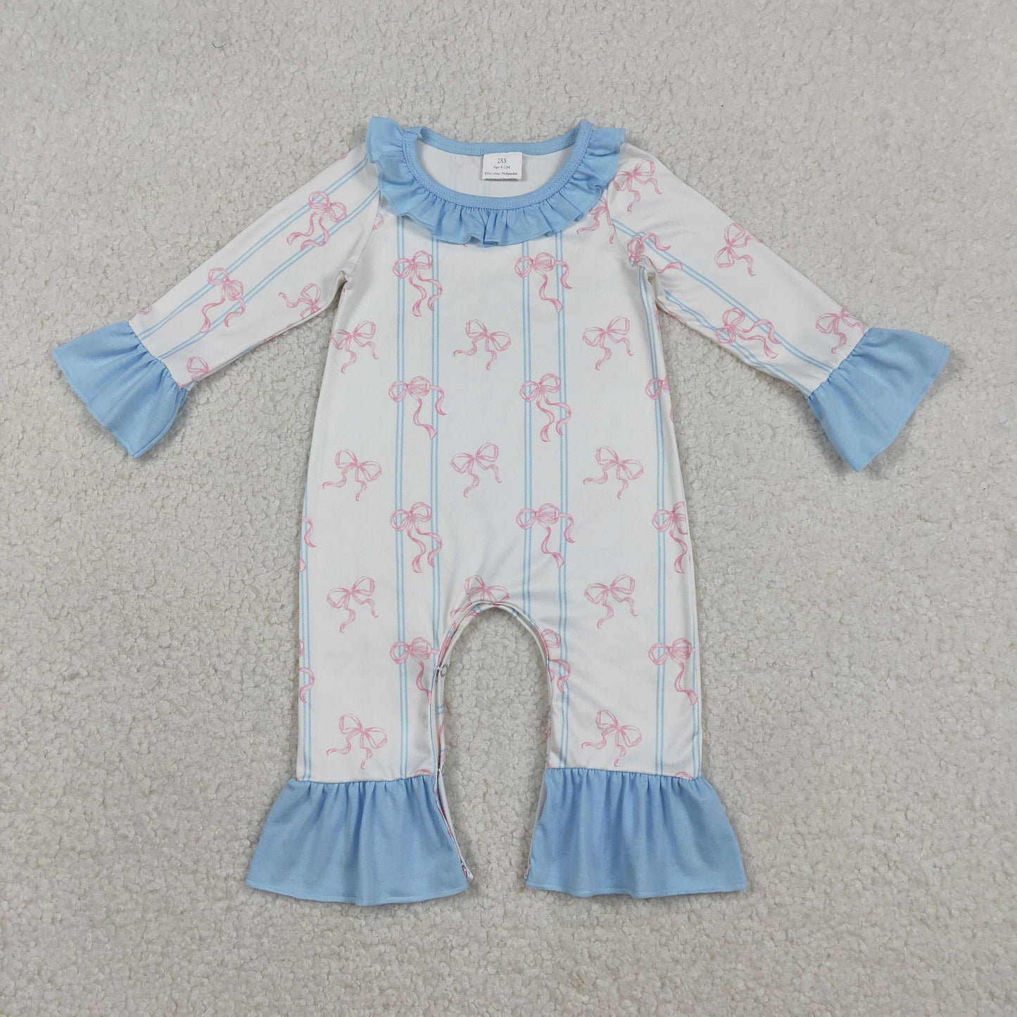 Baby Girls Pink Bows Stripe Collar Ruffle Foodie Rompers
