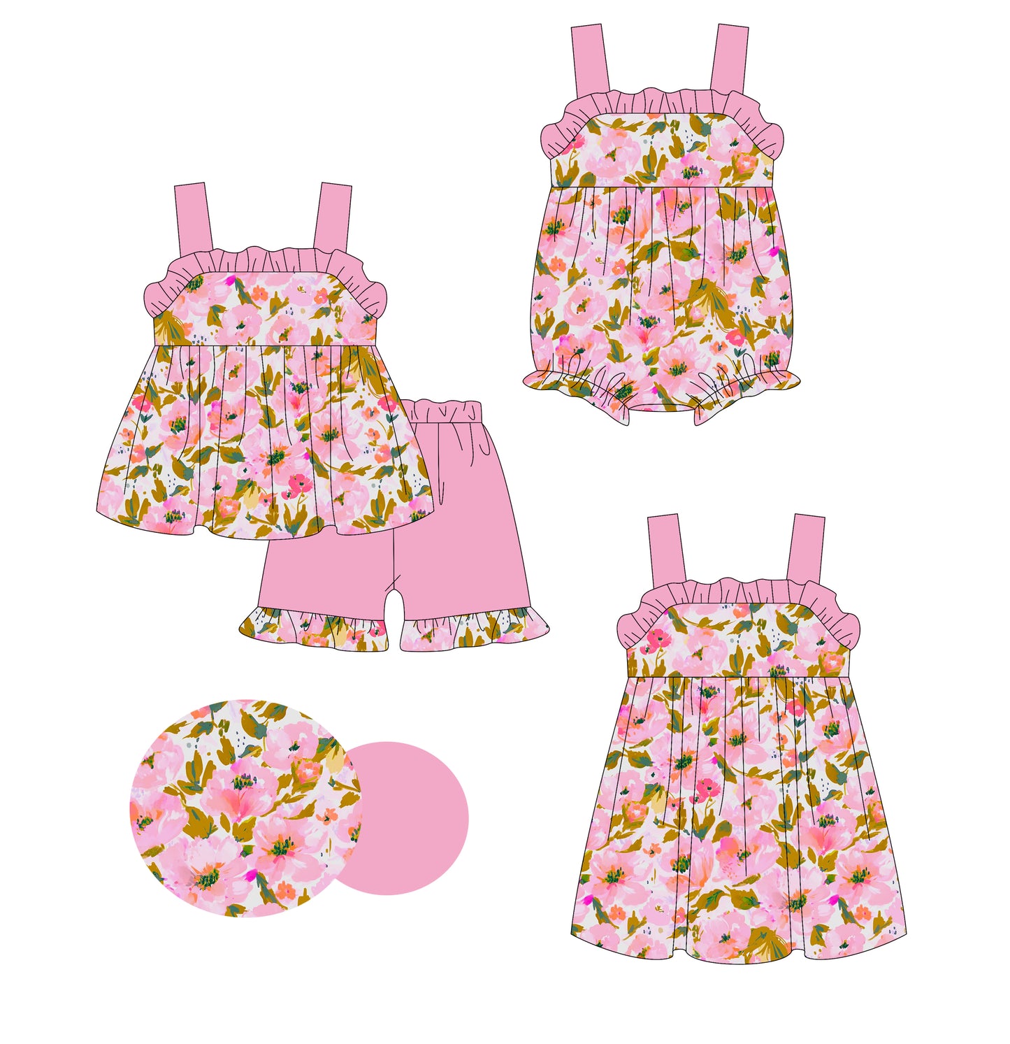 Preorder moq 5 Custom Baby Girls Pink Strap Floral Tunic Ruffle Short Set Knee Length Dress And Rompers
