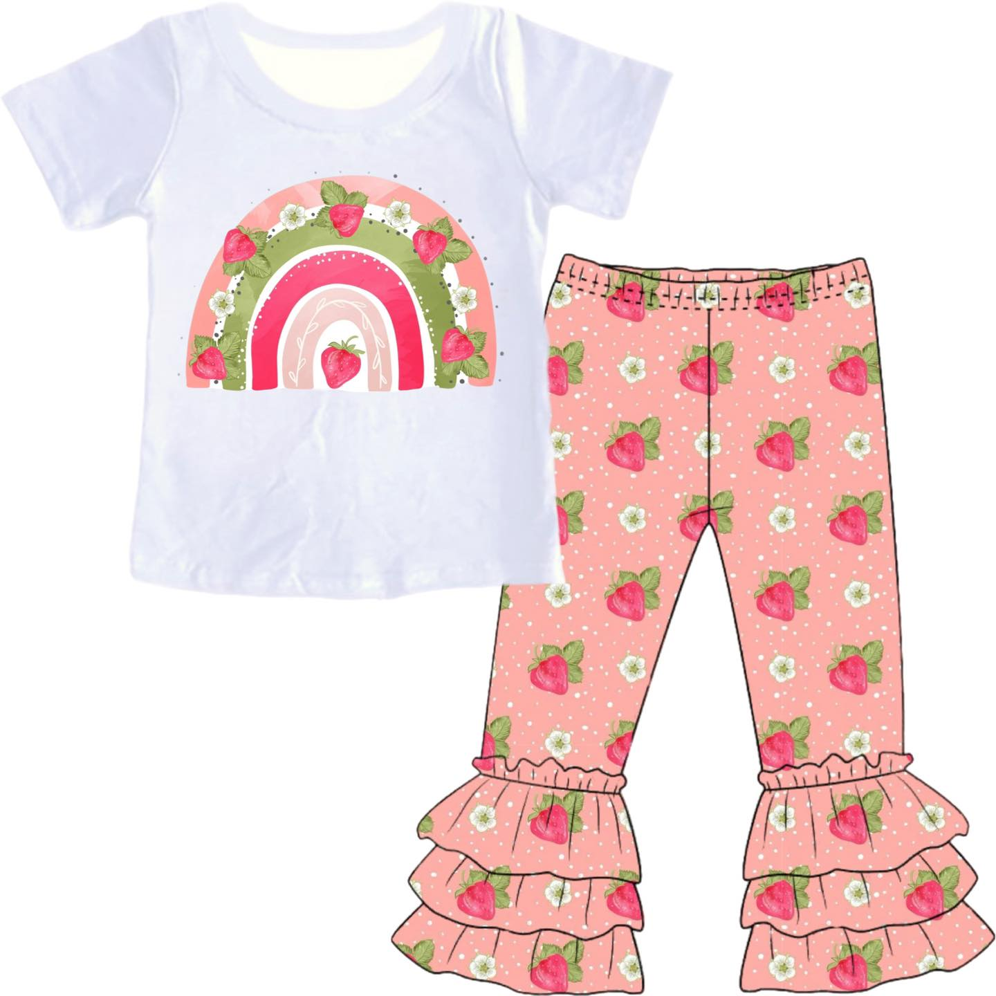 Baby Girls Short Sleeve Rainbow Strawberry Shirt Ruffle Pants Outfits Sets preorder(moq 5)