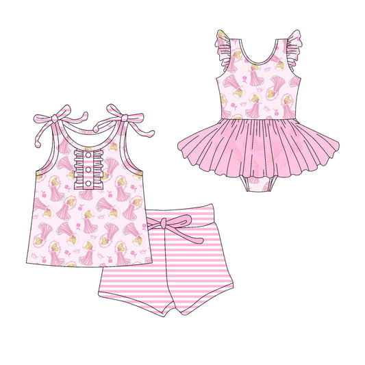Preorder moq 5 Custom Baby Girls Pink Strap Princess Floral Button Top Stripe Short Set Skort Bummise Romper