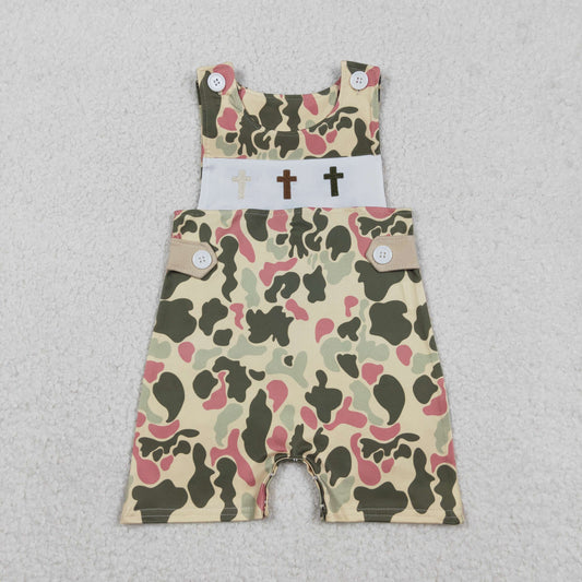 Embroidery Crosses Baby Boys Camo Easter Shorts Rompers
