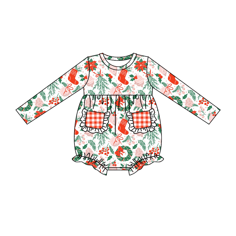 Baby Toddler Girls Christmas Tree Pockets Long Sleeve Rompers preorder(moq 5)