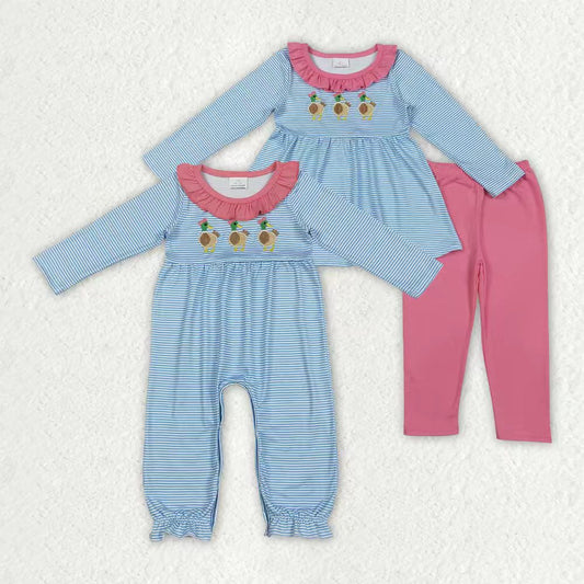 Sibling Baby Girls Embroidery Bow Ducks Stripes Collar Leggings Clothes Set Footie Rompers