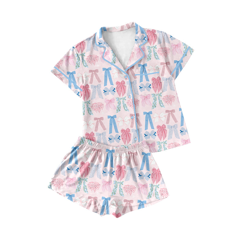 Preorder(moq 5)Adult Women Pink Bows Singer Buttons Tee Shirts Shorts Pajamas Sets