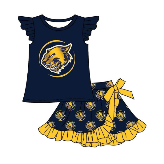 Split Preorder July 24th Baby Girls Navy Flutter Sleeves Lions Top Ruffle Skorts Team Set