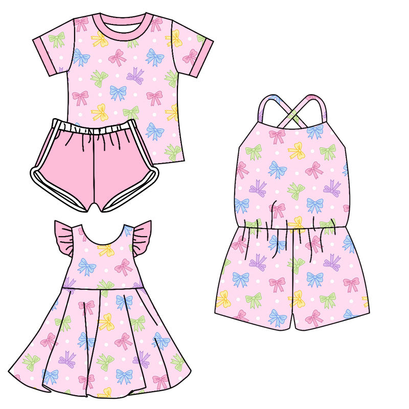 Preorder moq 5 Custom Baby Girls Pink Short Sleeves Colorful Bows Top Short Set Knee Length Dress Jumpsuits