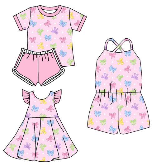 Preorder moq 5 Custom Baby Girls Pink Short Sleeves Colorful Bows Top Short Set Knee Length Dress Jumpsuits