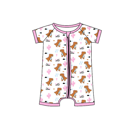 Preorder(moq 5)Baby Infant Girls Pink Dinosaurs Cactus Zip Summer Rompers