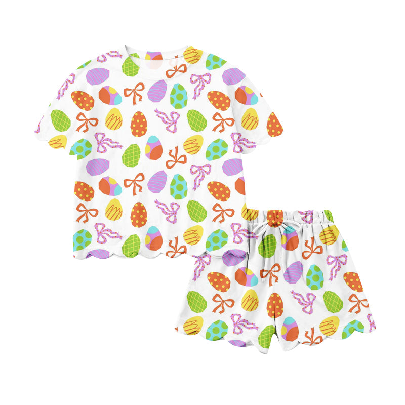 Preorder (moq 5)Baby Girls Colorful Eggs Bows Top Scallop Shorts Easter Clothes Sets