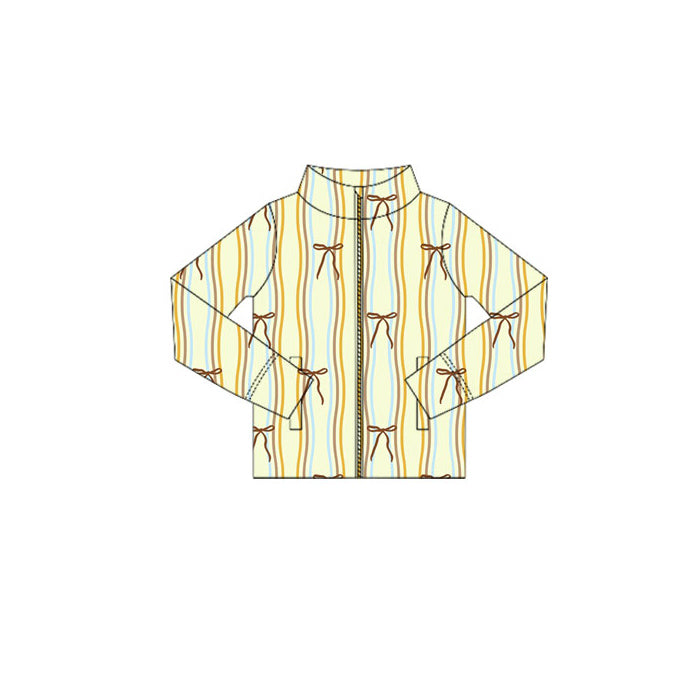 Preorder(moq 5) Baby Girls Long Sleeve Yellow Stripe Bows Zipper Pockets Jackets Top
