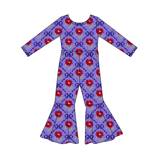 Preorder (moq 5)Baby Girls Long Sleeve Bows Flowers Checked Bell Bottom Jumpsuits