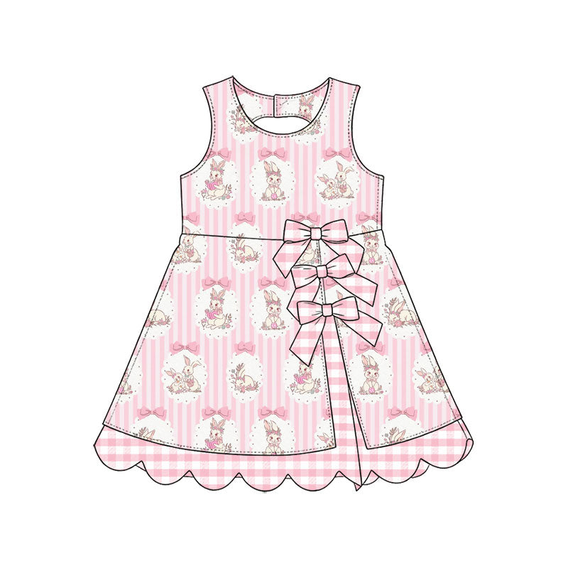Preorder (moq 5) Baby Girl Clothes Easter Bunny Bow Pink Stripe Print Sleeveless Bow Scallop Hem Boutique Dress