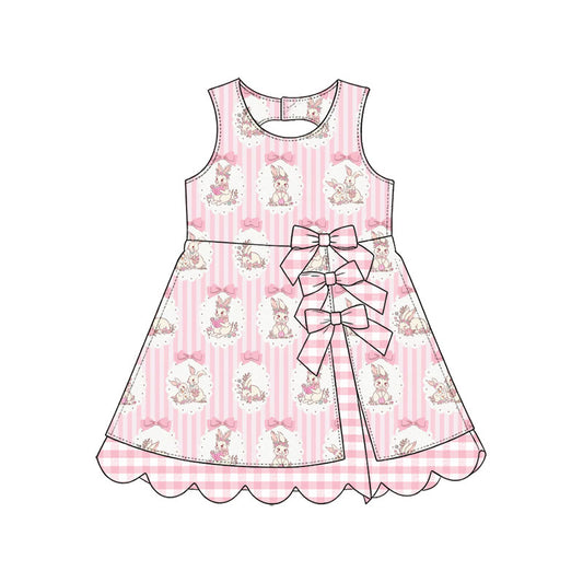 Preorder (moq 5) Baby Girl Clothes Easter Bunny Bow Pink Stripe Print Sleeveless Bow Scallop Hem Boutique Dress