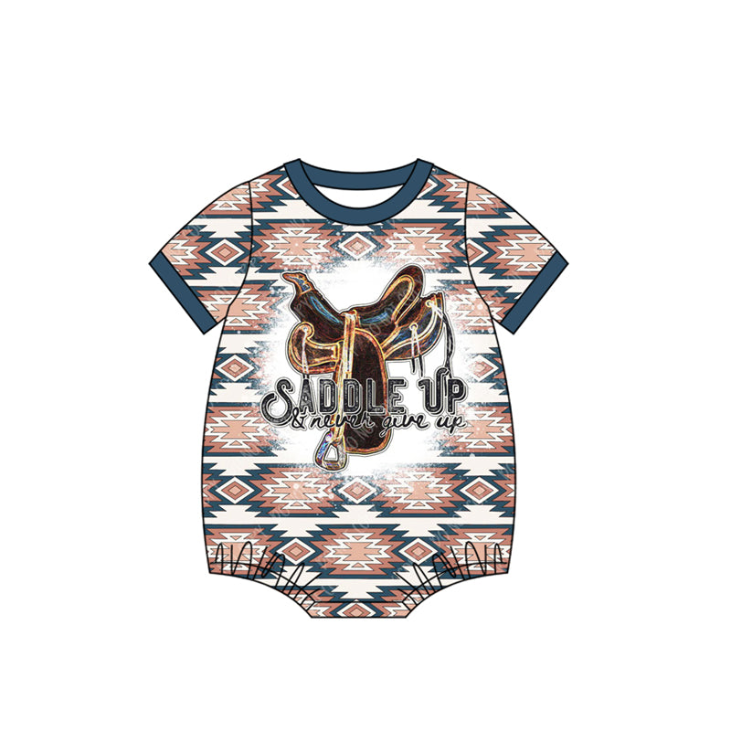 Preorder (moq 5)Baby Infant Western Aztec Saddle Up Short Sleeve Rompers