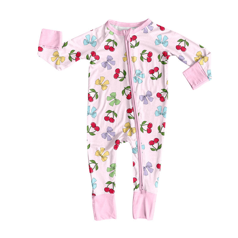 Preorder (moq 5)Baby Girls Colorful Bows Cherry Valentine Zipper Footie Rompers