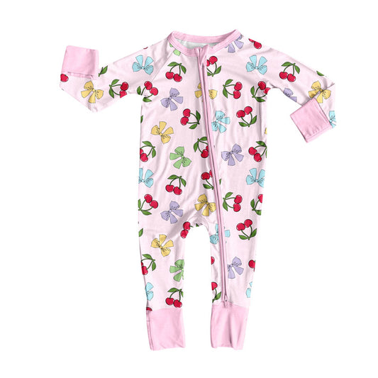 Preorder (moq 5)Baby Girls Colorful Bows Cherry Valentine Zipper Footie Rompers