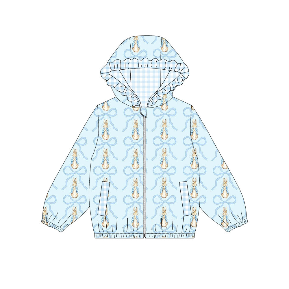 Preorder (moq 5) Baby Girls Blue Bows Rabbits Easter Pockets Zip Hoodie Jackets Top
