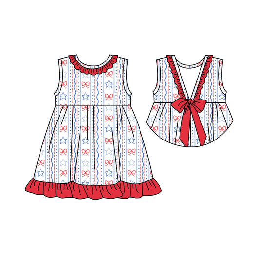 Preorder moq 5 Baby Girls Sleeveless Red Blue Bows Stars 4th Of July Knee Length Dress