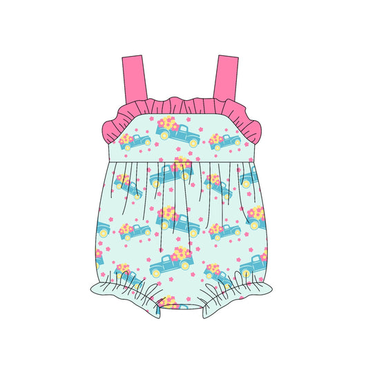 Preorder (moq 5)Baby Boys Pink Strap Flowers Trucks Ruffle Rompers