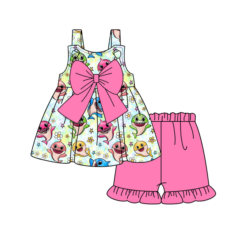 Preorder (moq 5)Baby Girls Strap Cartoon Sharks Bows Tunic Ruffle Short Clothes Sets