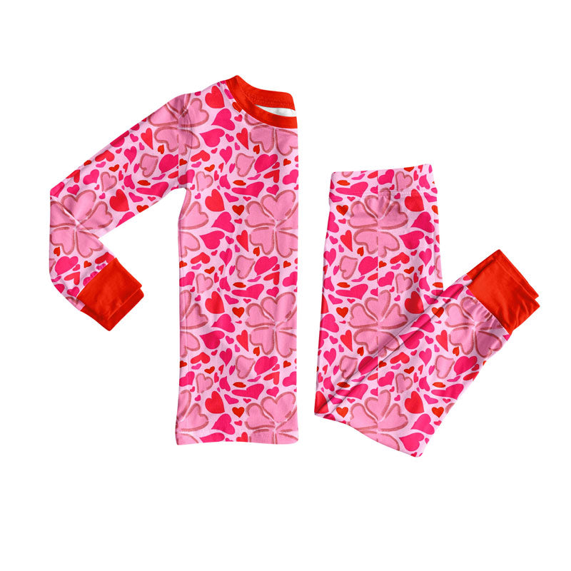 Preorder(moq 8)Baby Girls Hot Pink Hearts Clovers Top Pants Valentine Pajamas Sets