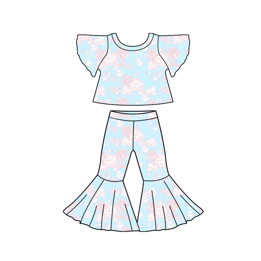 Preorder (moq 5)Baby Girls Bell Sleeve Cows Pigs Top Bell Bottom Pant Farm Clothes Sets