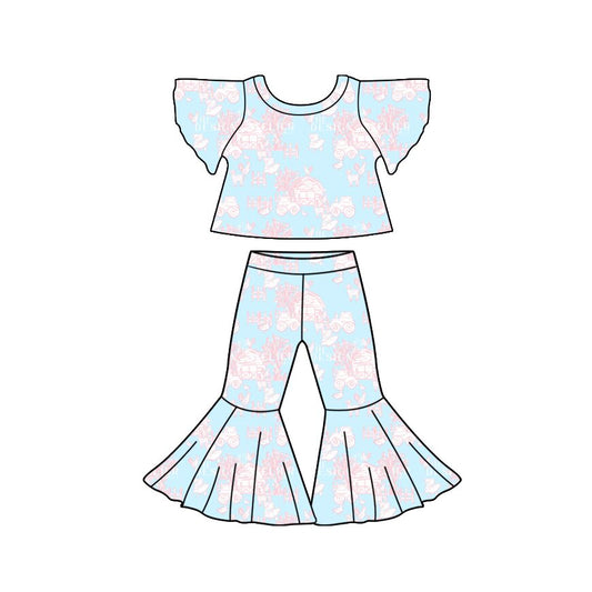 Preorder (moq 5)Baby Girls Bell Sleeve Cows Pigs Top Bell Bottom Pant Farm Clothes Sets