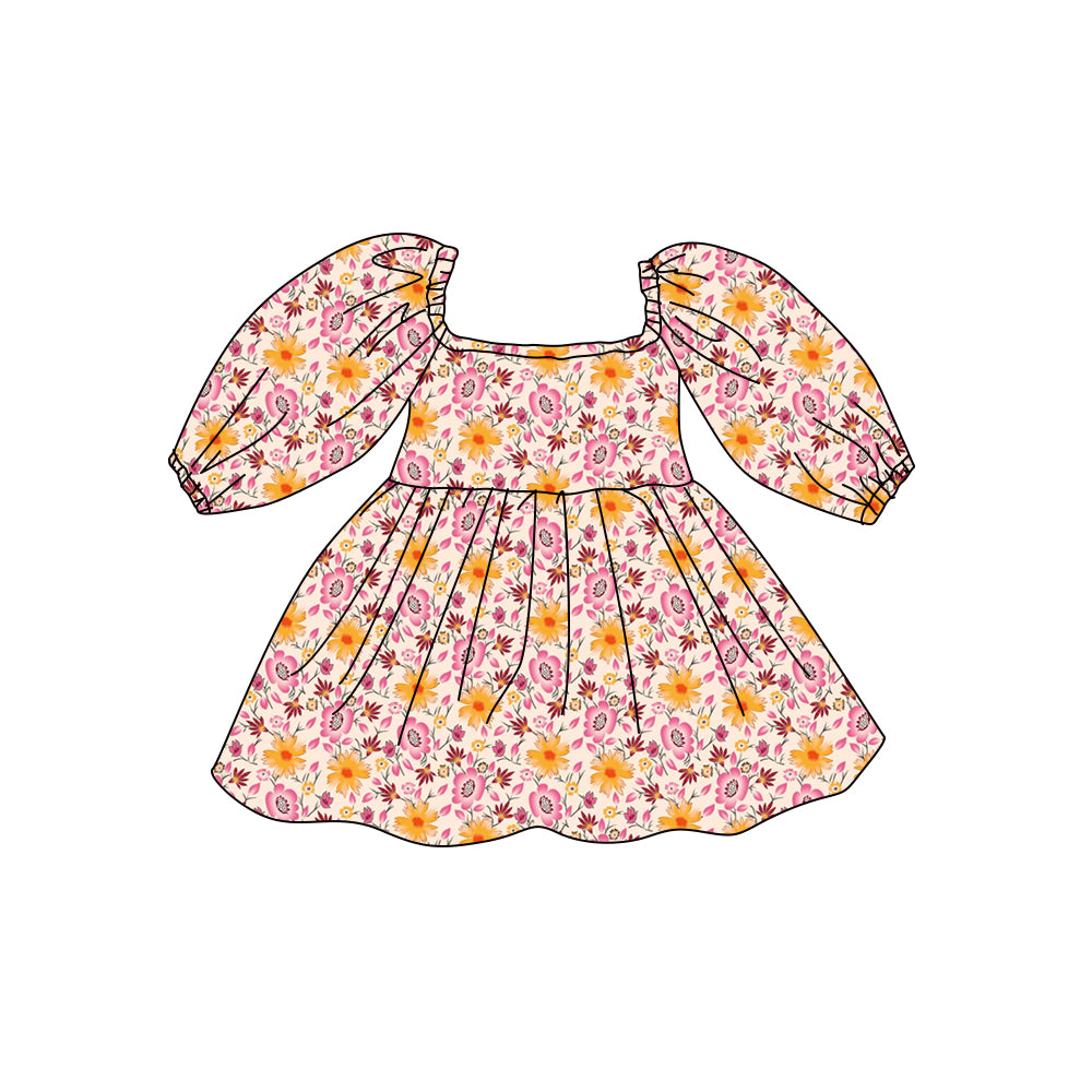 Preorder (moq 5)Baby Girls Long Sleeve Colorful Flowers Knee Length Dresses