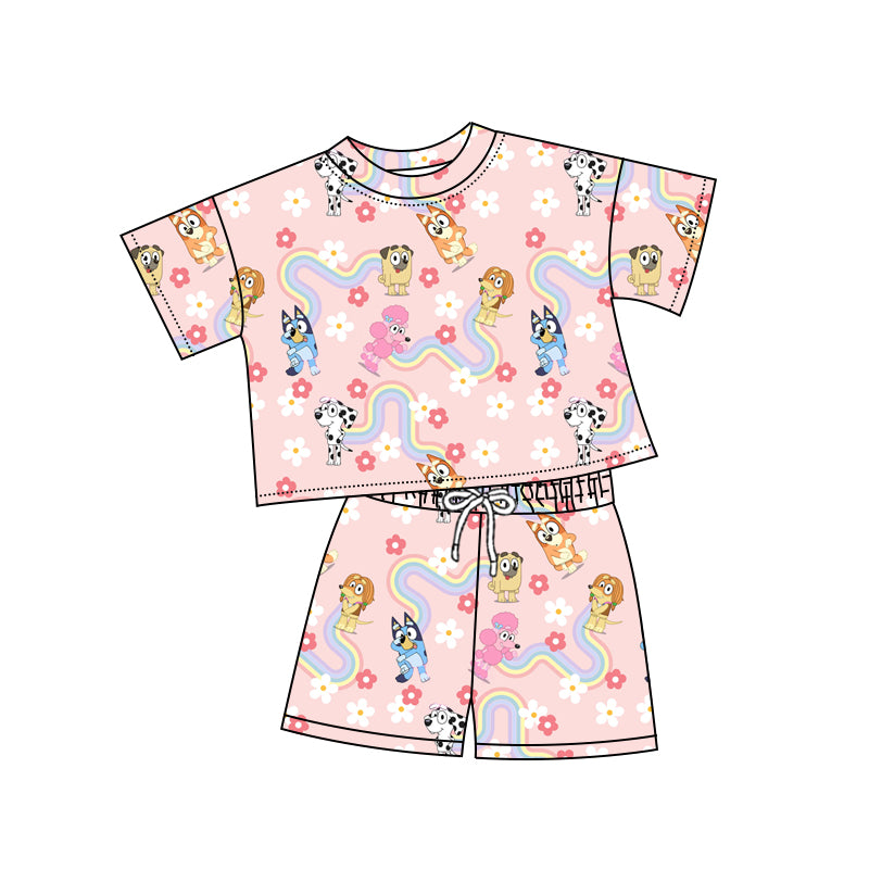 Preorder (moq 5)Baby Girls Pink Flowers Dogs Top Shorts Clothes Sets