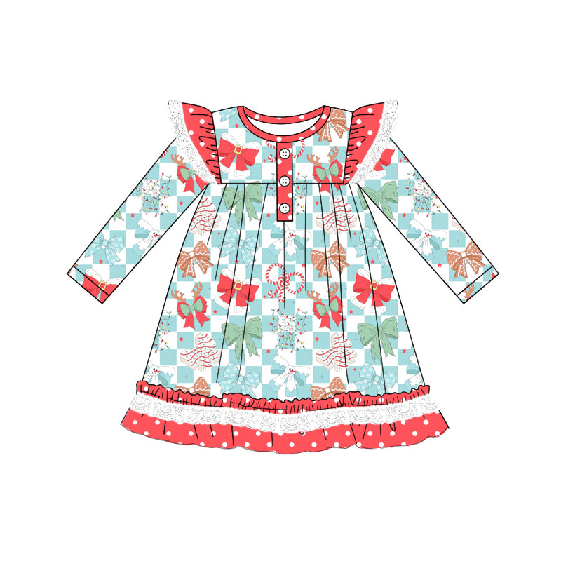 Preorder (moq 5)Baby Girls Long Sleeves Blue Plaid Colorful Bows Ruffle Button Knee Length Dresses