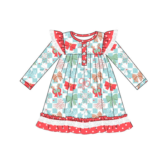 Preorder (moq 5)Baby Girls Long Sleeves Blue Plaid Colorful Bows Ruffle Button Knee Length Dresses
