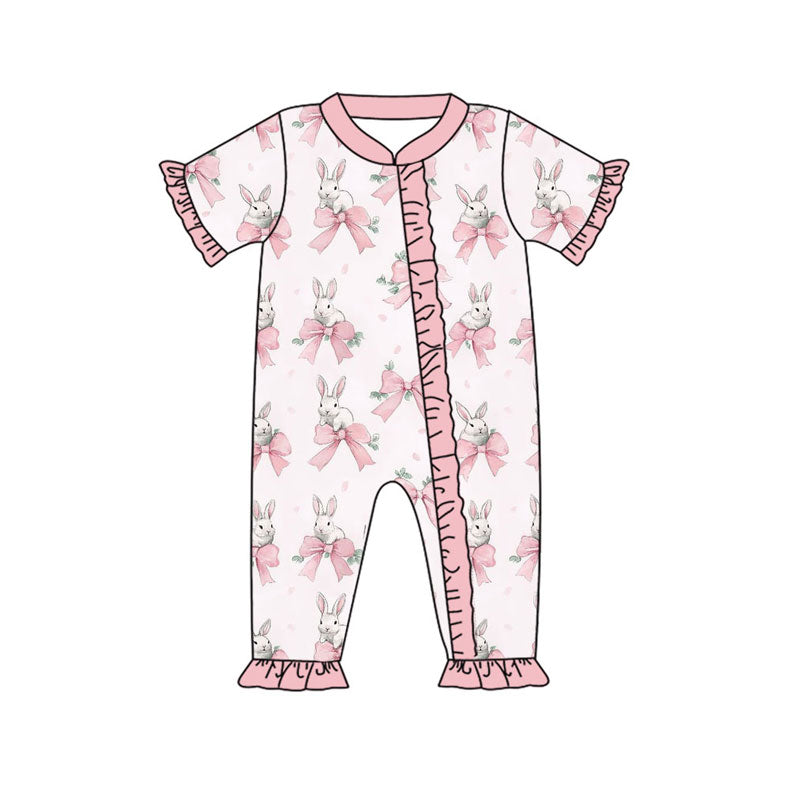 Preorder (moq 5)Baby Girls Pink Bows Rabbits Easter Ruffle Zipper Footie Rompers