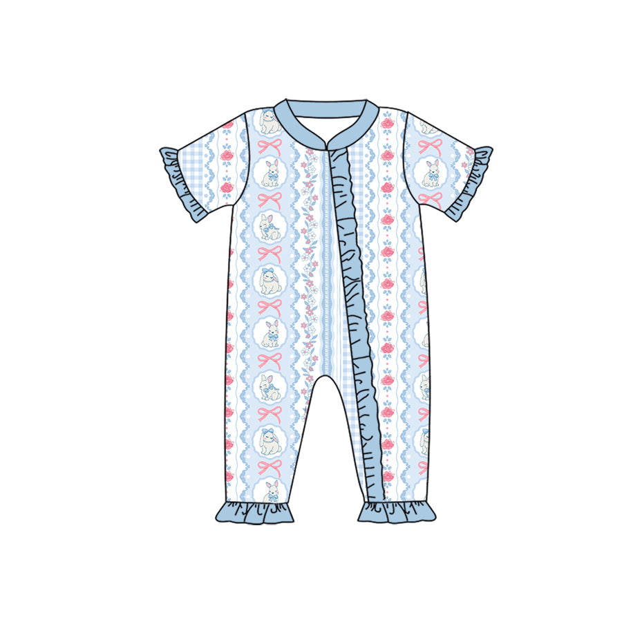 Preorder moq 5 Baby Girls’ Easter Blue Bunny Bow Ruffle Zip-Up Romper, Festive Holiday Outfit