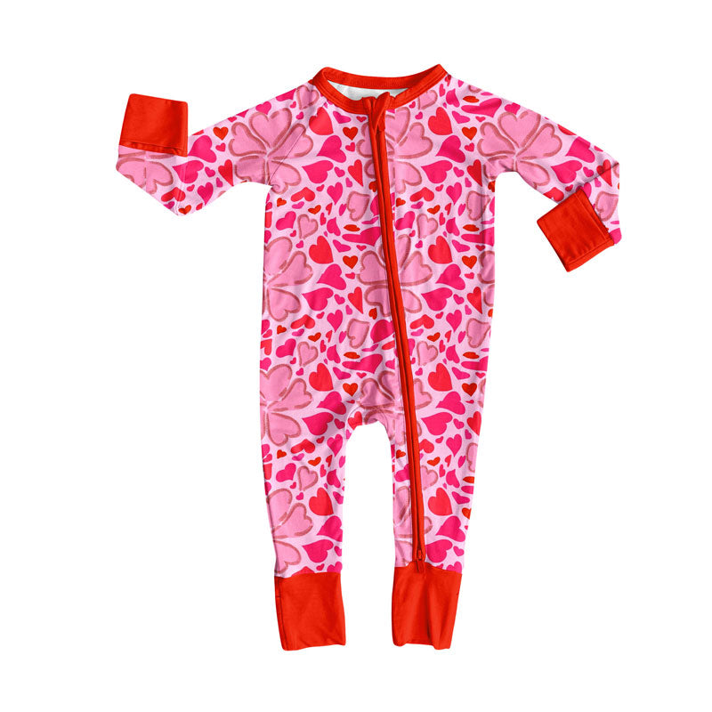 Preorder (moq 8)Baby Girls Hot Pink Hearts Clovers Valentine Zipper Footie Rompers